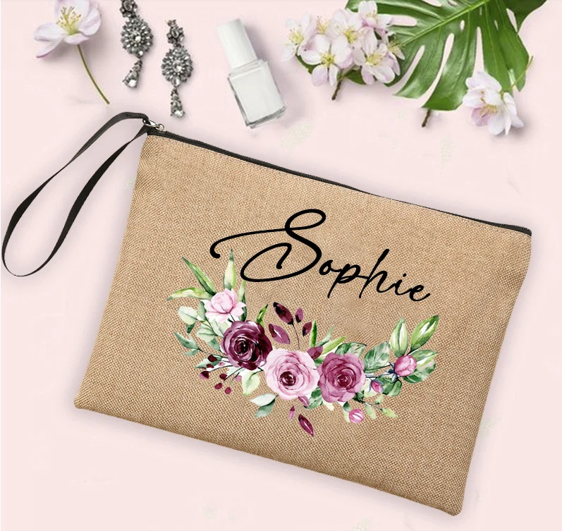 

Flower Personalised Custom Name Cosmetic Bags Women Neceser Makeup Bag Linen Zipper Pouch Travel Toiletry Organizer Mujer Bolsa