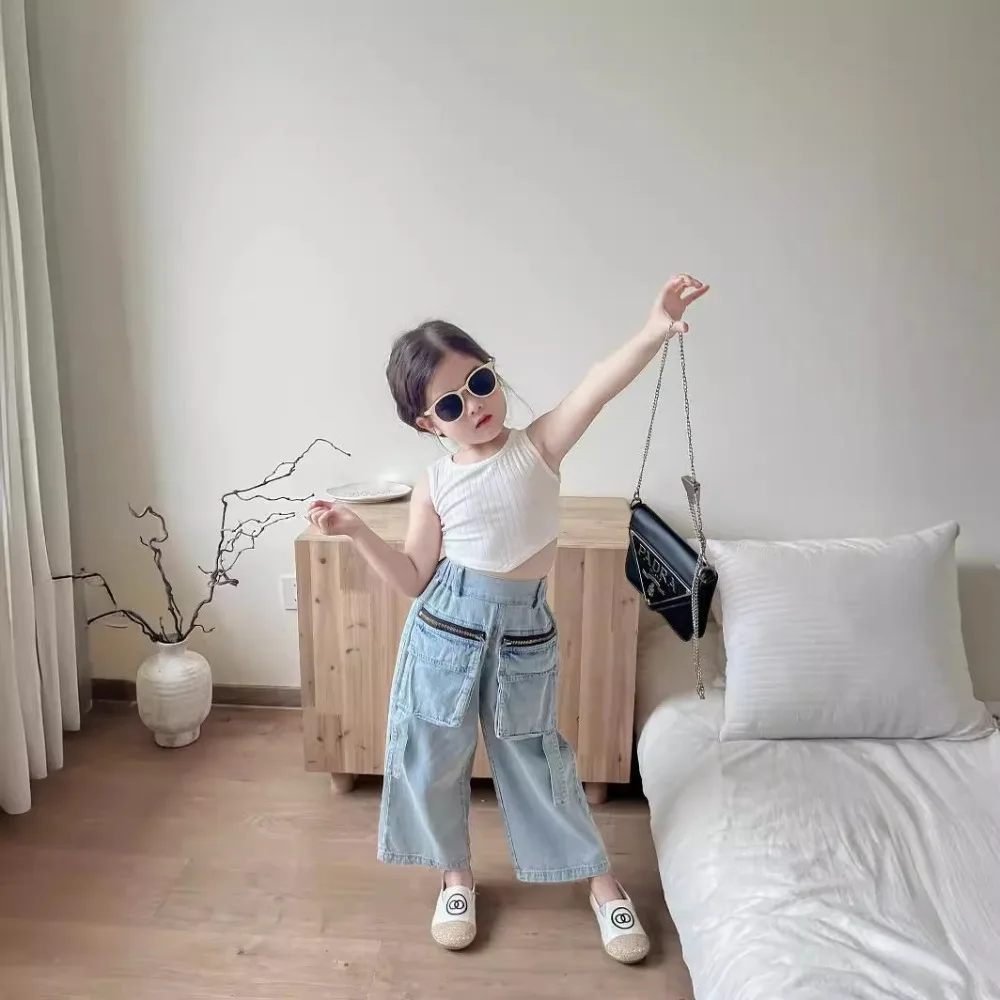 

Girls Pants Korea Style 2024 Summer New All Match Wide Leg Pants Jeans Pockets Comfortable Baby Fashion Kids Summer Clothes