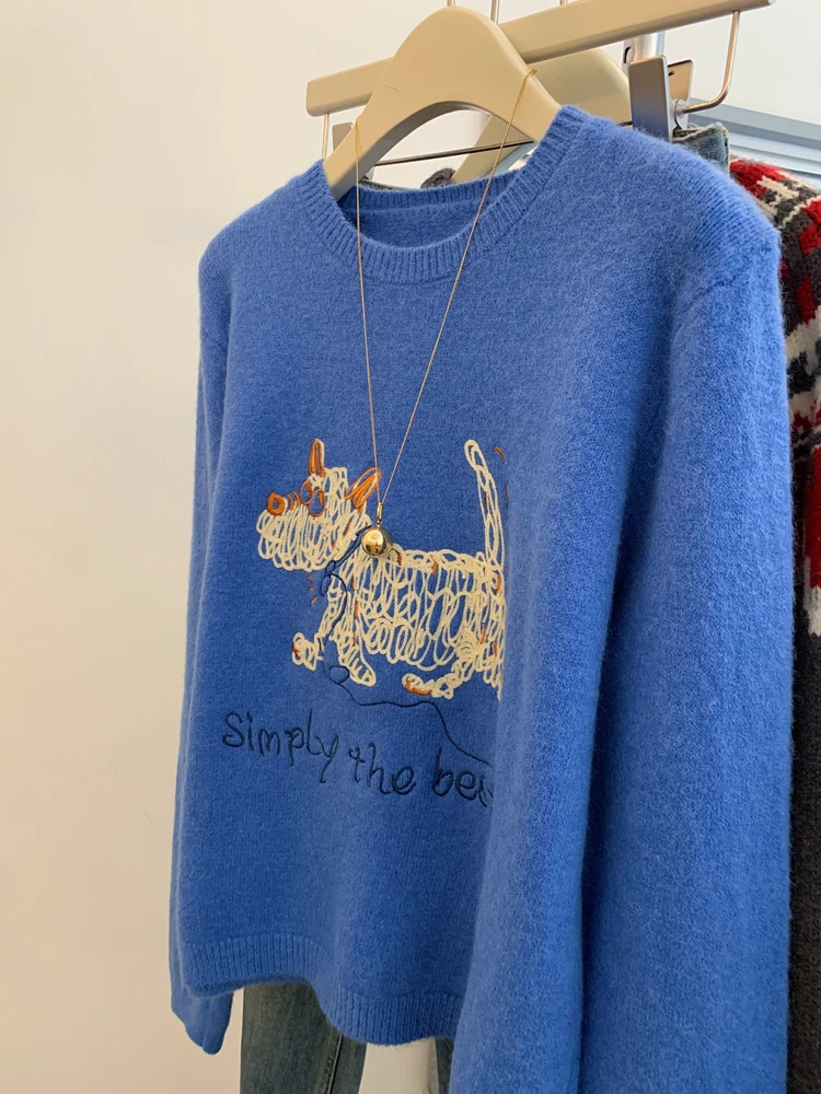 レディース クラインブルー パピー刺繍セーター プチ クロップド オーバーサイズ ニットトップ 秋冬 刺繍入りプルオーバーセーター