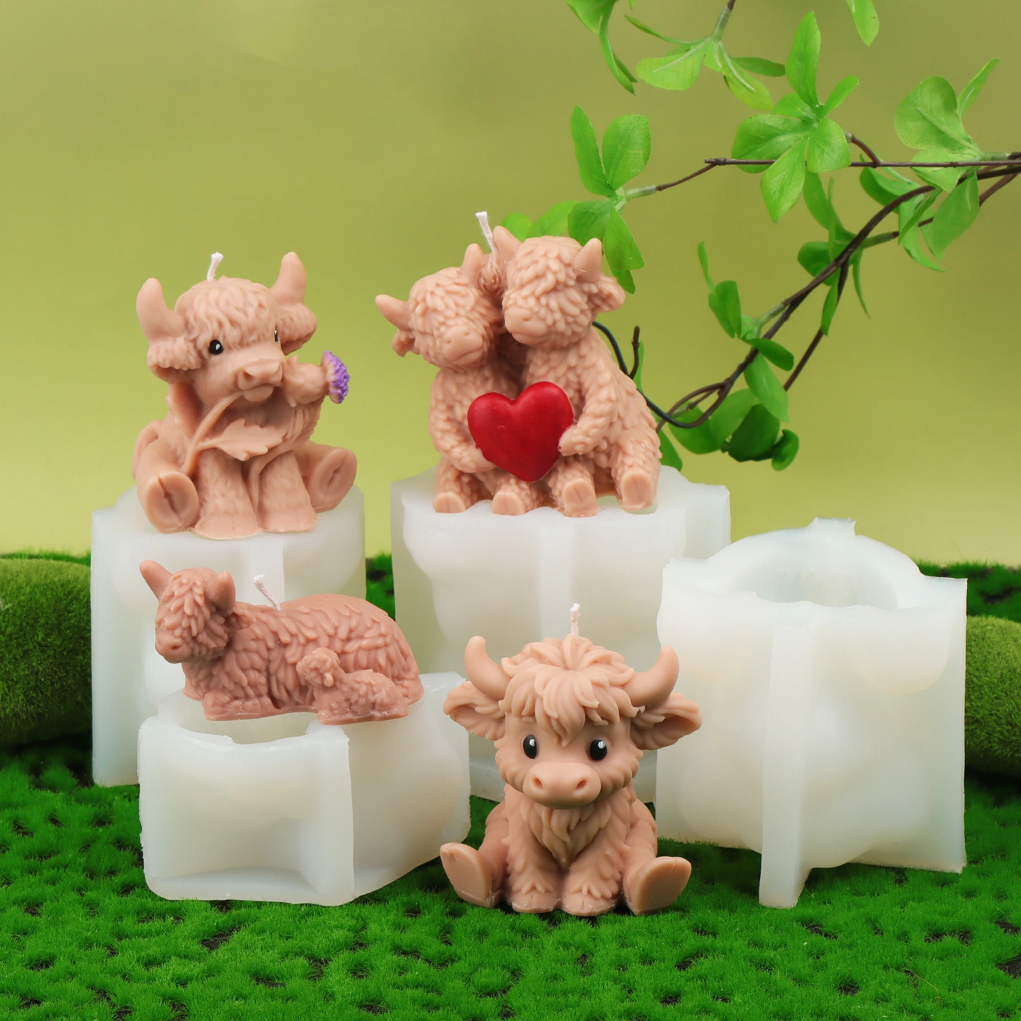 3D Highland Couple Cow Holding Flower/Heart Silicone Mould Soap Resin Painting Plaster Clay DIY Tool Valentine's Day Lover Gifts