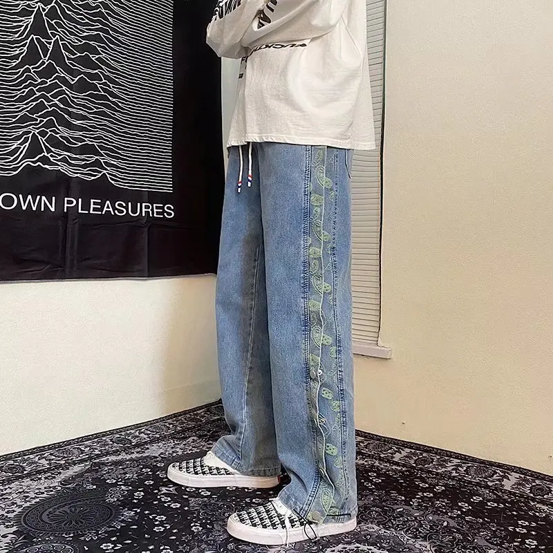 ICCLEK Breasted Jeans Men's Jeans Spring and Autumn Loose Straight Pants Fashion Wide Leg Pants Autumn High Street Jeans