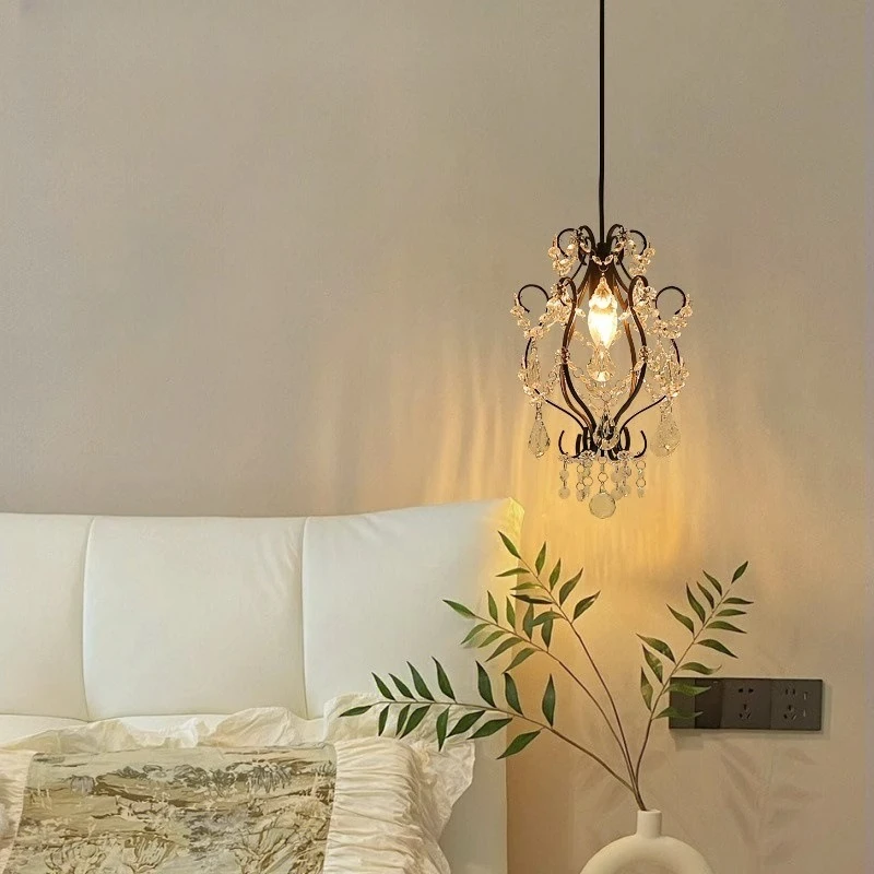 

French bedside chandelier black premium American retro crystal lamp bedroom study background wall small chandelier