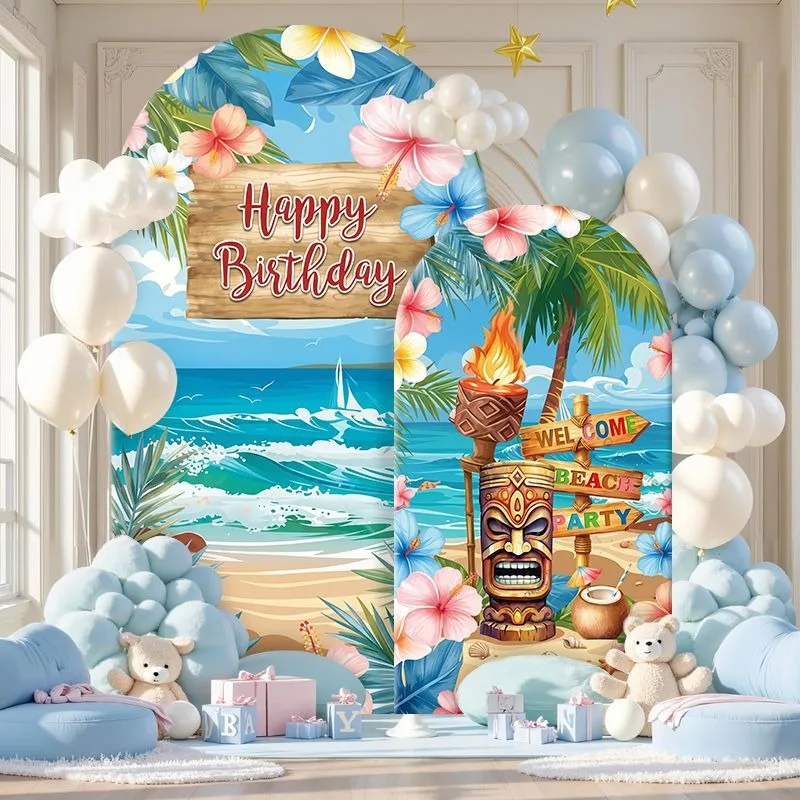Elastic Double-layer Arch Backdrop Cover Tiki Island Tropical Birthday Backdrop Set with Flame Torches Palm Trees and Ocean View