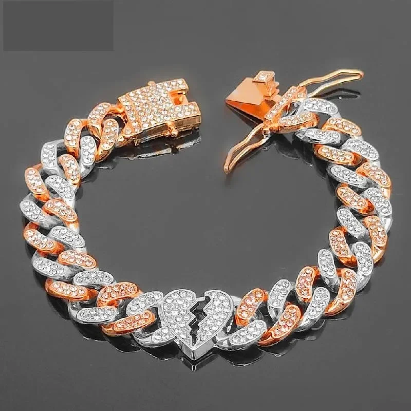 Hip Hop Broken Heart Cham Jewelry 13mm Miami Curb Cuban Chain Anklet Bracelet Gold Silver 2tone Color Bling CZ Stone Iced Out