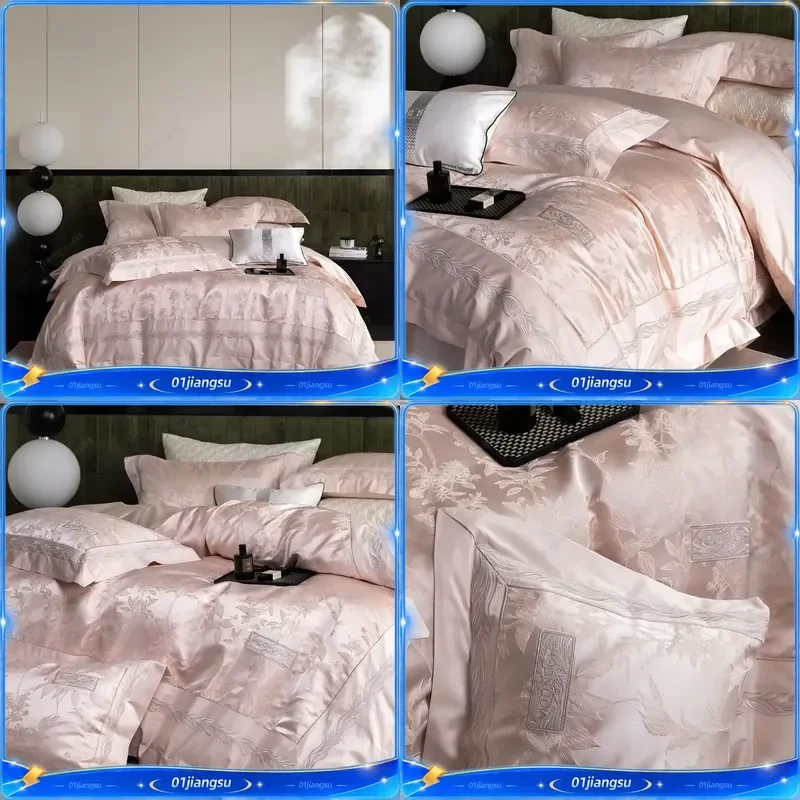 1000TC Egyptian Cotton Bedding Set 3D Embossed Jacquard Embroidery Luxury Duvet Cover Flat Fitted Sheet Pillowcases 4Pcs Home