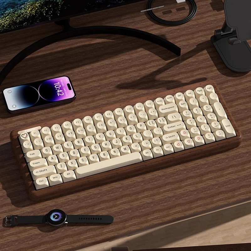 Retro Wooden Keyboard Custom Wireless Walnut RGB Hot Swap Ergonomics Tri Mode mechanical Keyboard Tofu Keycaps Game Accessories