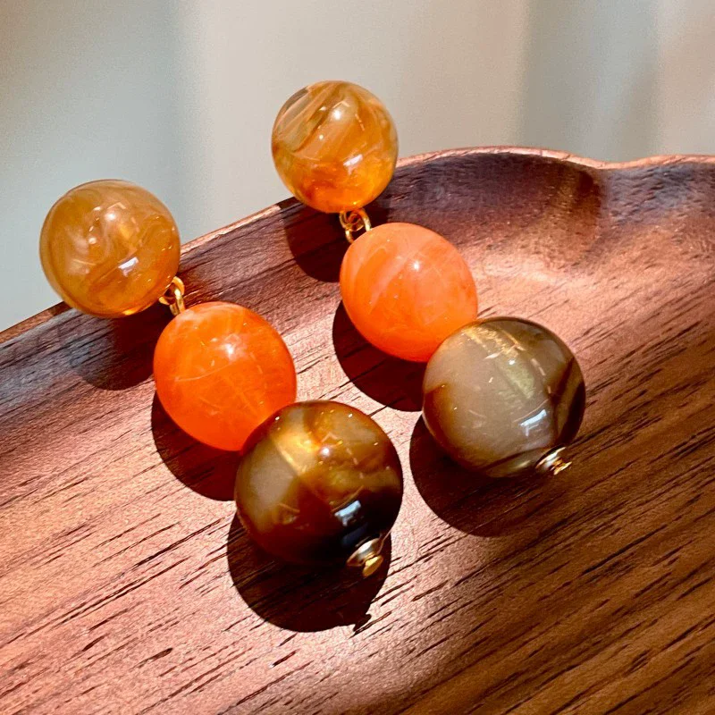 HUANZHI Vintage Brown Round Bead Long Drop Earring Elegant Geometric Irregular Jewelry for Women Autumn Winter New