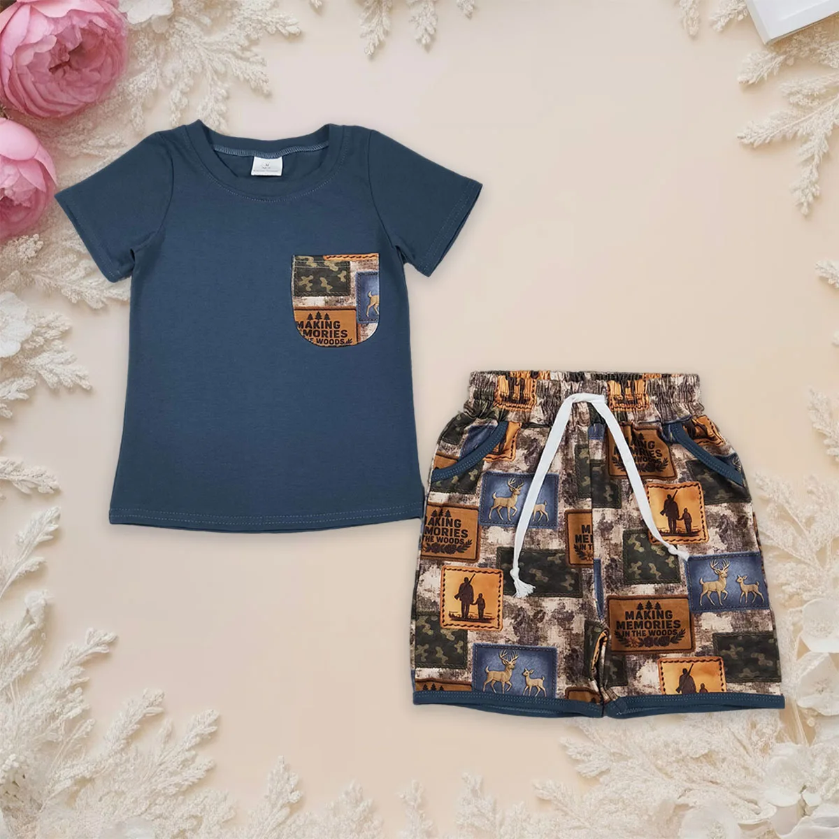 

Toddler Baby Boy Shirt Top Deer Camo Checked Pockets Shorts Hunting Clothes Sets Infant Outfits Comfortable Clothing Wholesale