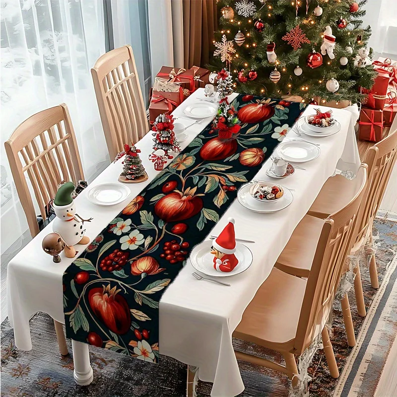 Pomegranate And Floral Printed Tablecloth: A Black Background Paired With Red Pomegranates And Floral Designs, Vibrant And Full