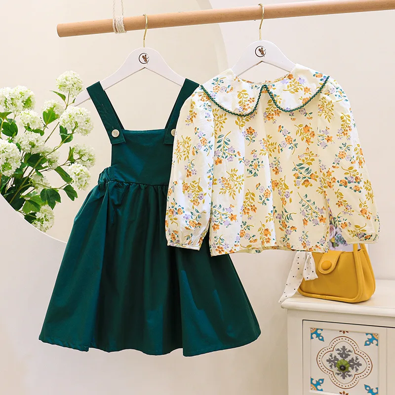 

2-7Years Princess Girl Autumn Clothes Set Long Sleeve Peter Pan Collar Flower Blouse Tops+Solid Suspender Skirt 2PCS Outfit Suit