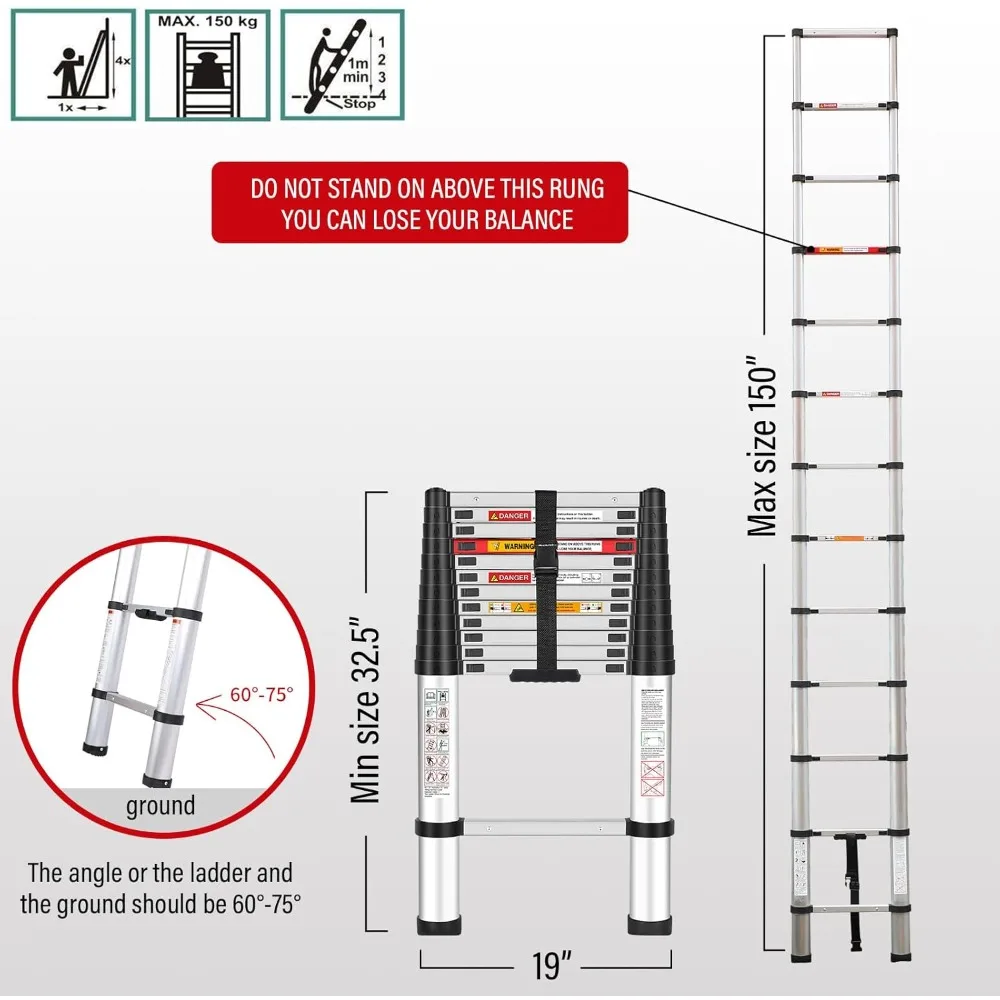 سلم تمديد تلسكوبي من الألومنيوم بطول 12.5 قدم - تصميم إغلاق ناعم للاستخدام المنزلي والمتعدد الأغراض