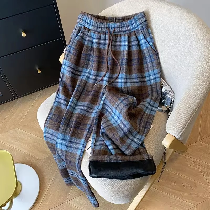 Plaid Wolle Breite Bein Hosen frauen Herbst Winter Plüsch Verdickt Gut Aussehende Casual Vielseitig Lose Elastische Taille Hosen Weibliche