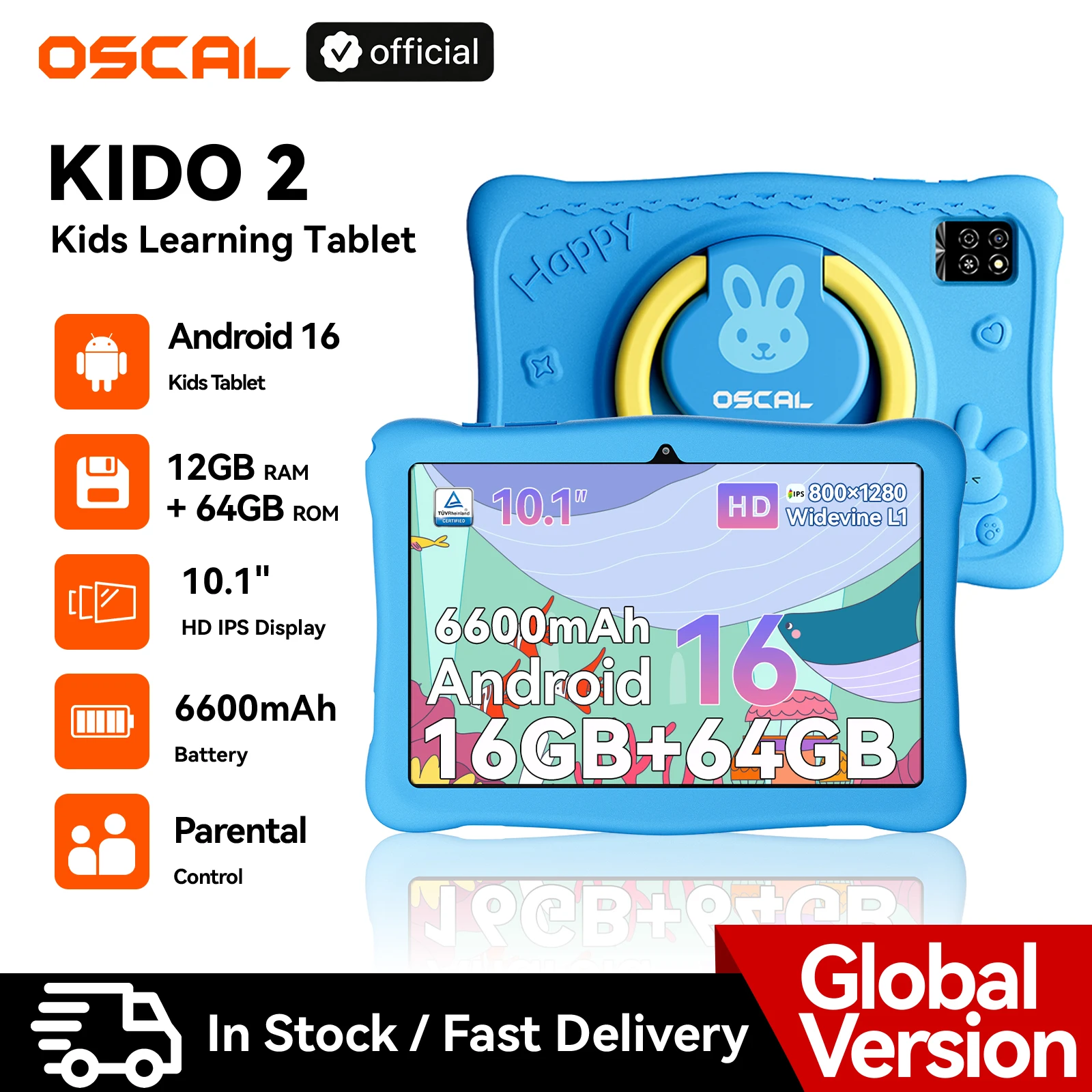 Blackview Oscal KIDO 2 Android 16 Kids Tablet 12GB RAM 64GB 10.1" HD IPS 6600mAh WiFi Google Play Android Tablet Parental Contr