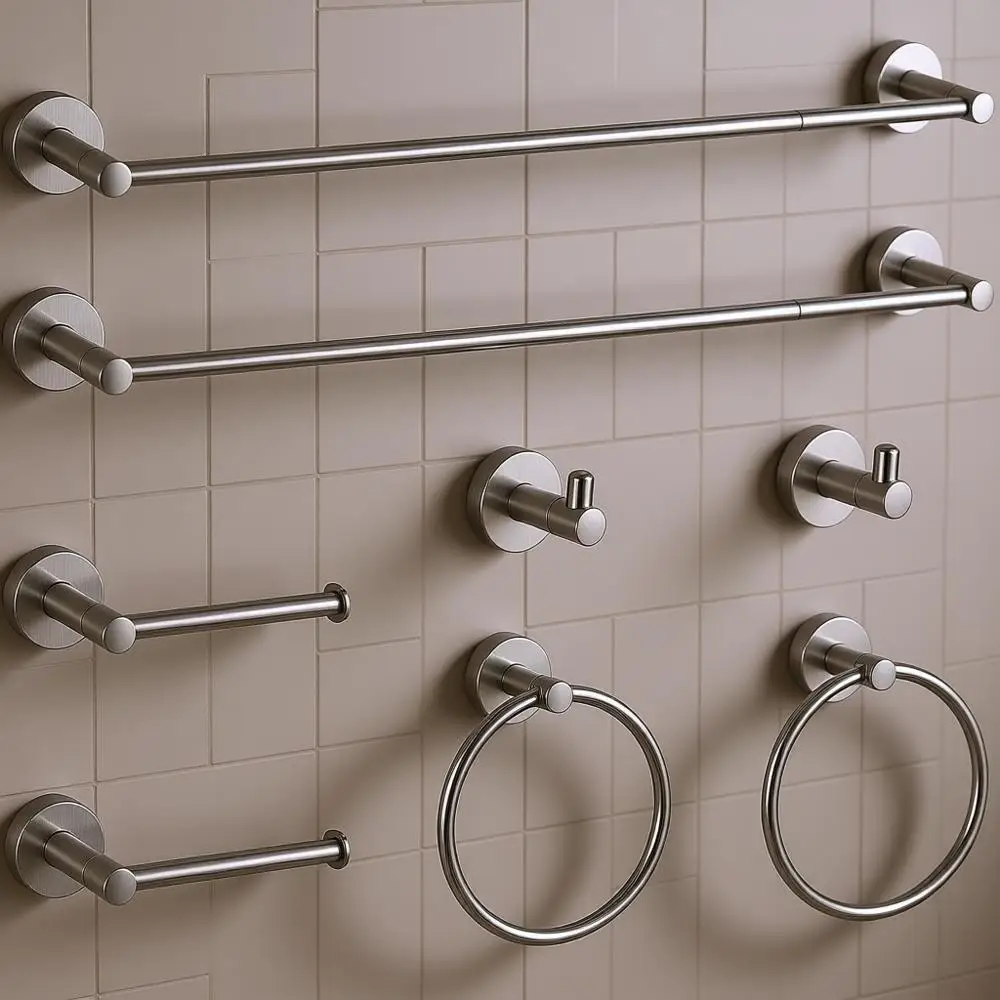 

Набор из 8 предметов для ванной комнаты из матового никеля с держателем для полотенец