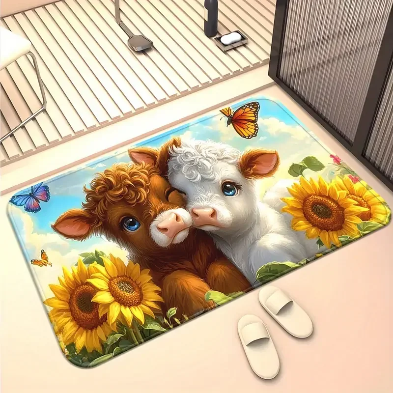 Farm Cow Sunflower Vintage Frame Print Door Mat Rustic Animal Pattern Indoor Entrance Home Floor Decor
