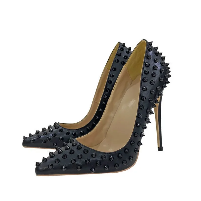 Black Spikes Women Pointed Toe Stilettos Sexy High Heels Rivets Ladies Slip-on Pumps Night Club Shoes 12/10/8cm Optional