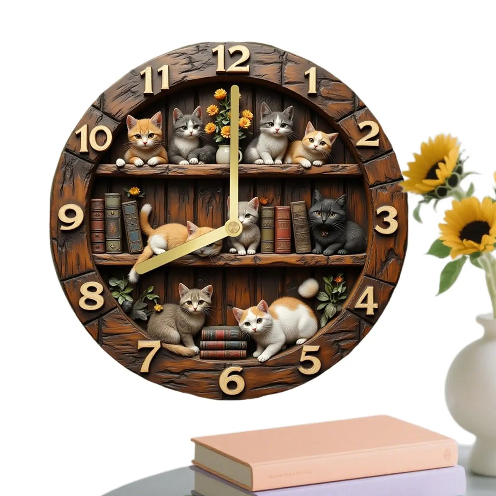Wall Clock 11.81 Inch Cat Theme Wooden Decoration Bedroom Wall Clock for Home Living Room Bedroom Farmhouse Bar Office Library