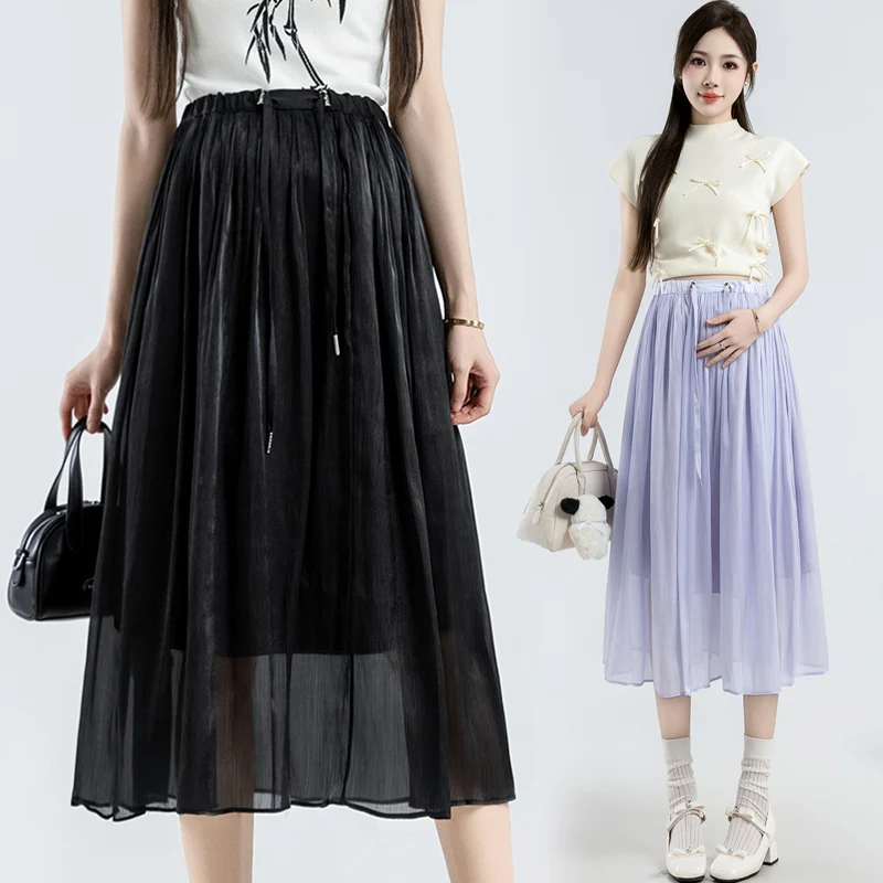 

Summer Maternity Ice Silk Skirts Plus Size Drawstring Waist Solid Color Pregnant Woman Pleated Skirts with Lining Midi Skirts