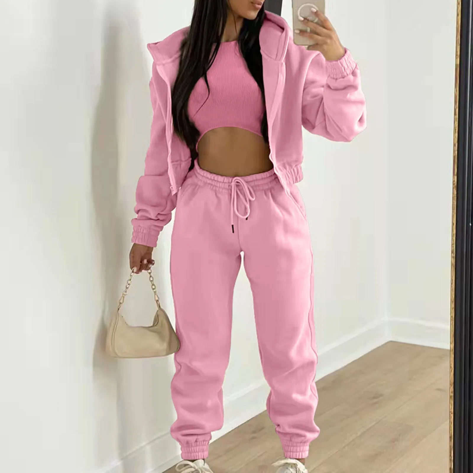 

Women's 3-Piece Autumn and Winter Solid Colour Long-Sleeved Hooded Padded Sports Suit Hooded Sweater Trousers 3-Piece Set