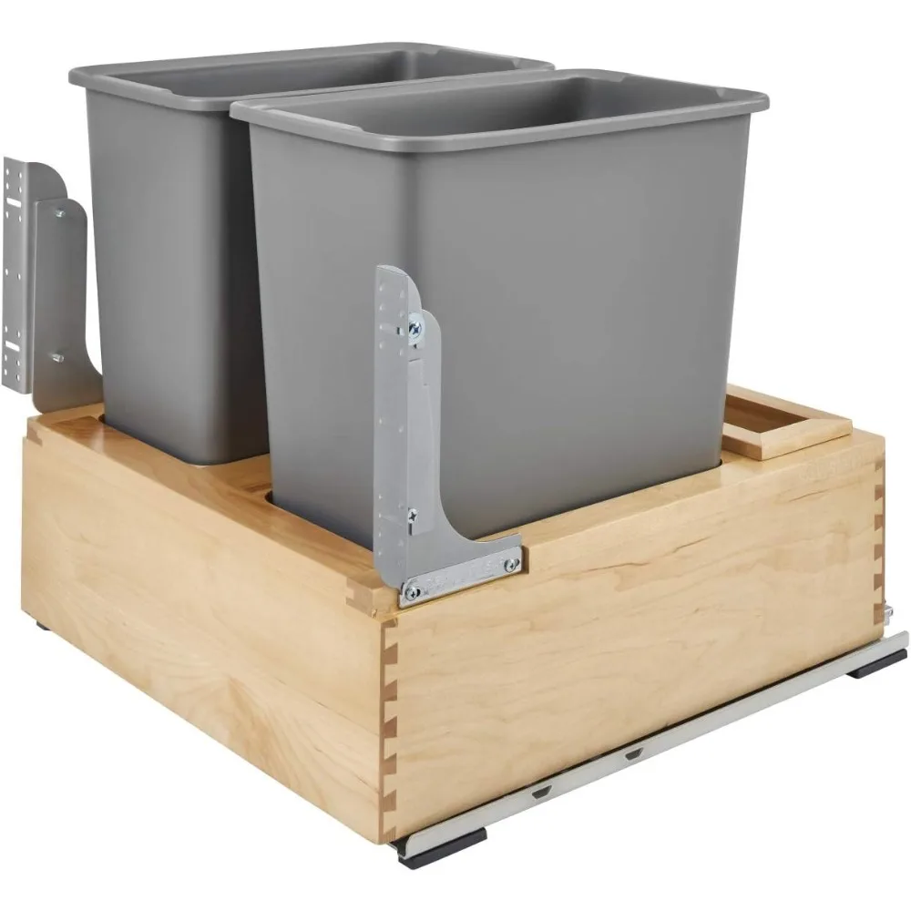 

sturdy dual 30-quart pull-out trash bin with easy mounting, gray finish