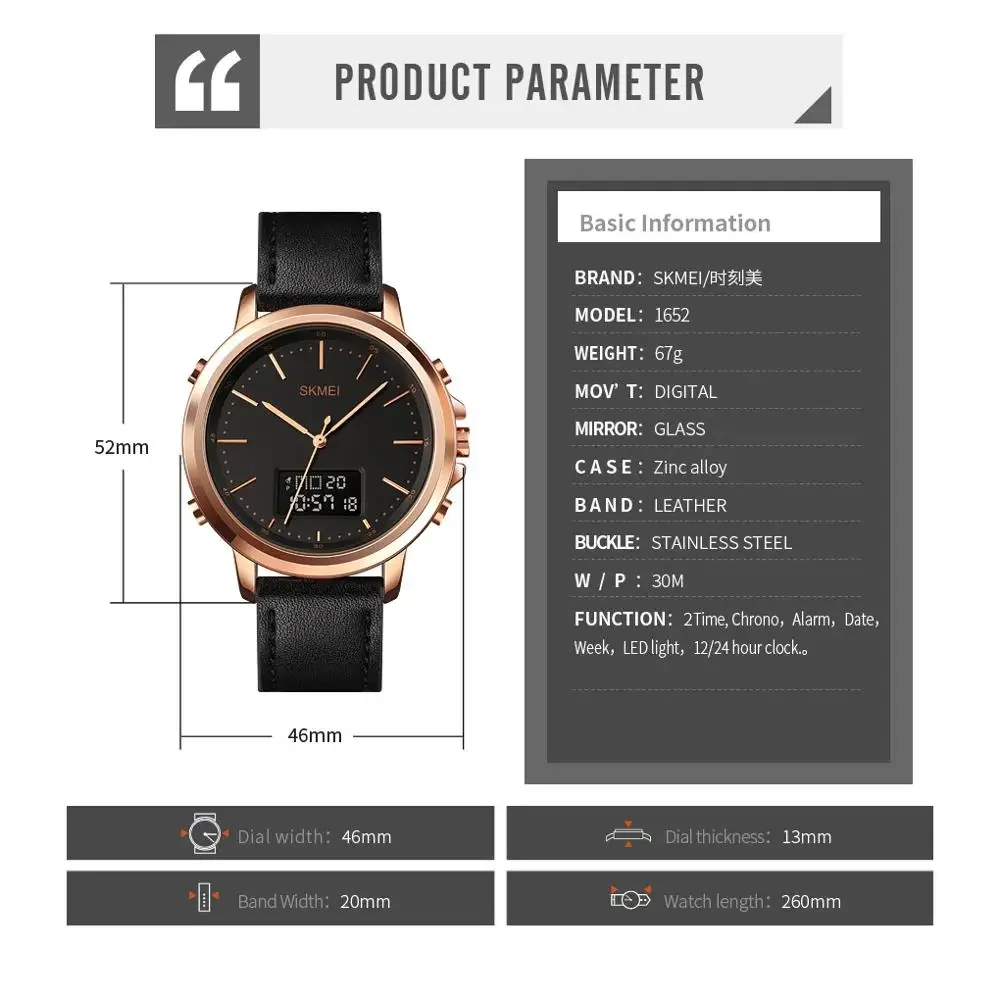 SKMEI 1652 reloj hombre Dual Display Casual Watches Men Chrono Alarm Digital Mens Wristwatch Leather Strap Waterproof Watch