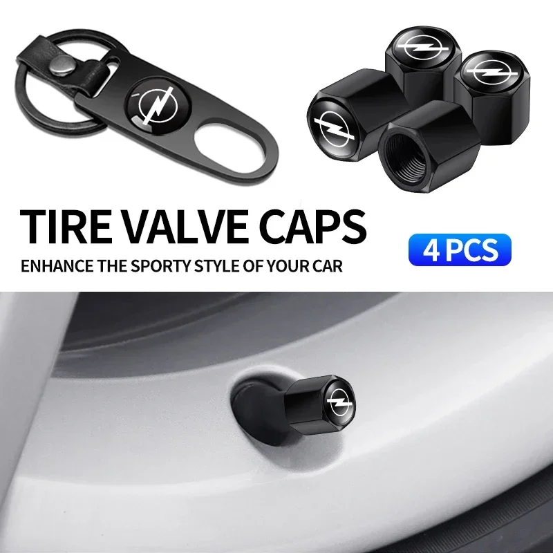 1Set Car Keychain Key Ring with Auto Tire Valve Caps Tyre Dust Cap Emblem For Opel OPC Astra K Vectra Corsa Zafira Insignia