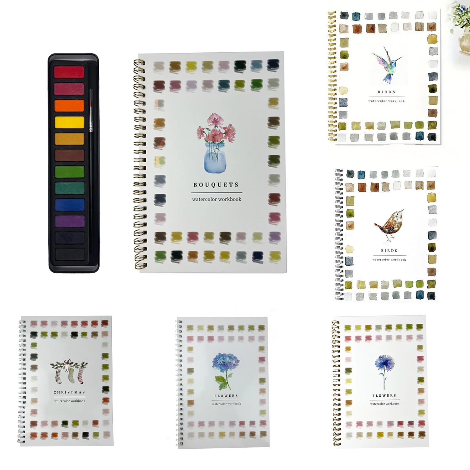 Kit de pintura de acuarela con pinceles y 12 colores de pintura, páginas encuadernadas en espiral, libros para colorear con agua, libros de bocetos artísticos