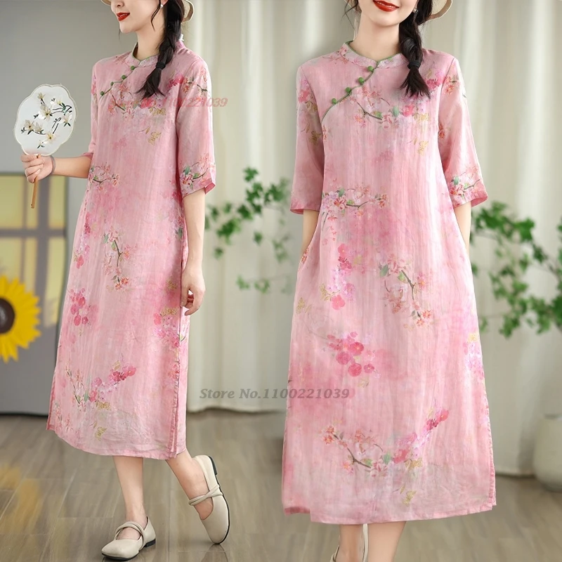 

2024 chinese traditional folk dress qipao improved cheongsam oriental traditional flower print a-line loose dress streetwear