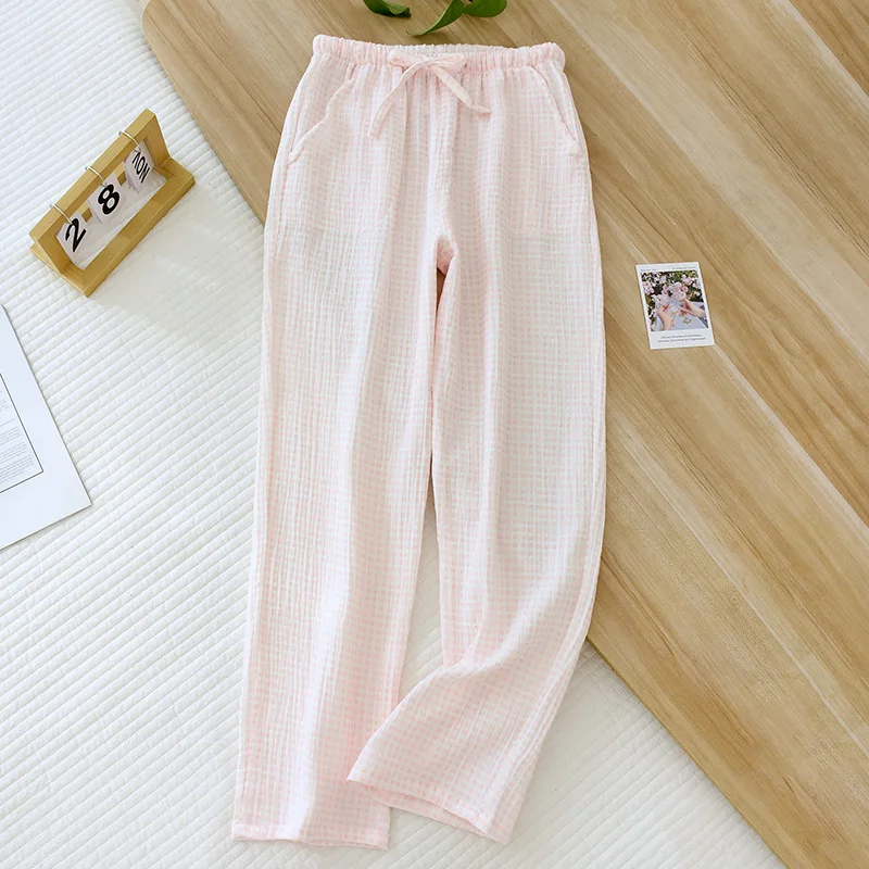 Spring Cotton Double Gauze Pajama Pants Plaid Loose Pajamas Thin Loungewear Elastic Waist Sleep Bottoms Nightwears for Ladies