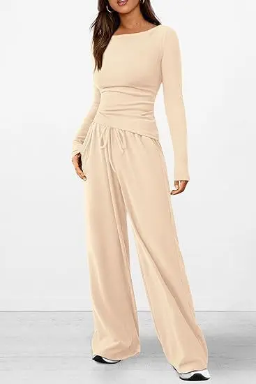 

Fashion Slim Solid Suit For Woman Elegant Round Neck Long Sleeve Top Elastic Waist Lace Up Trousers 2 Piece Set 2024 Autumn New
