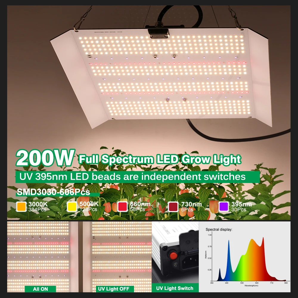 Full Spectrum LED Grow Light 200W For Veg Flowers Seeding SMD3030 For Greenhouse Plants Independent Red Light LED Growth Lamp