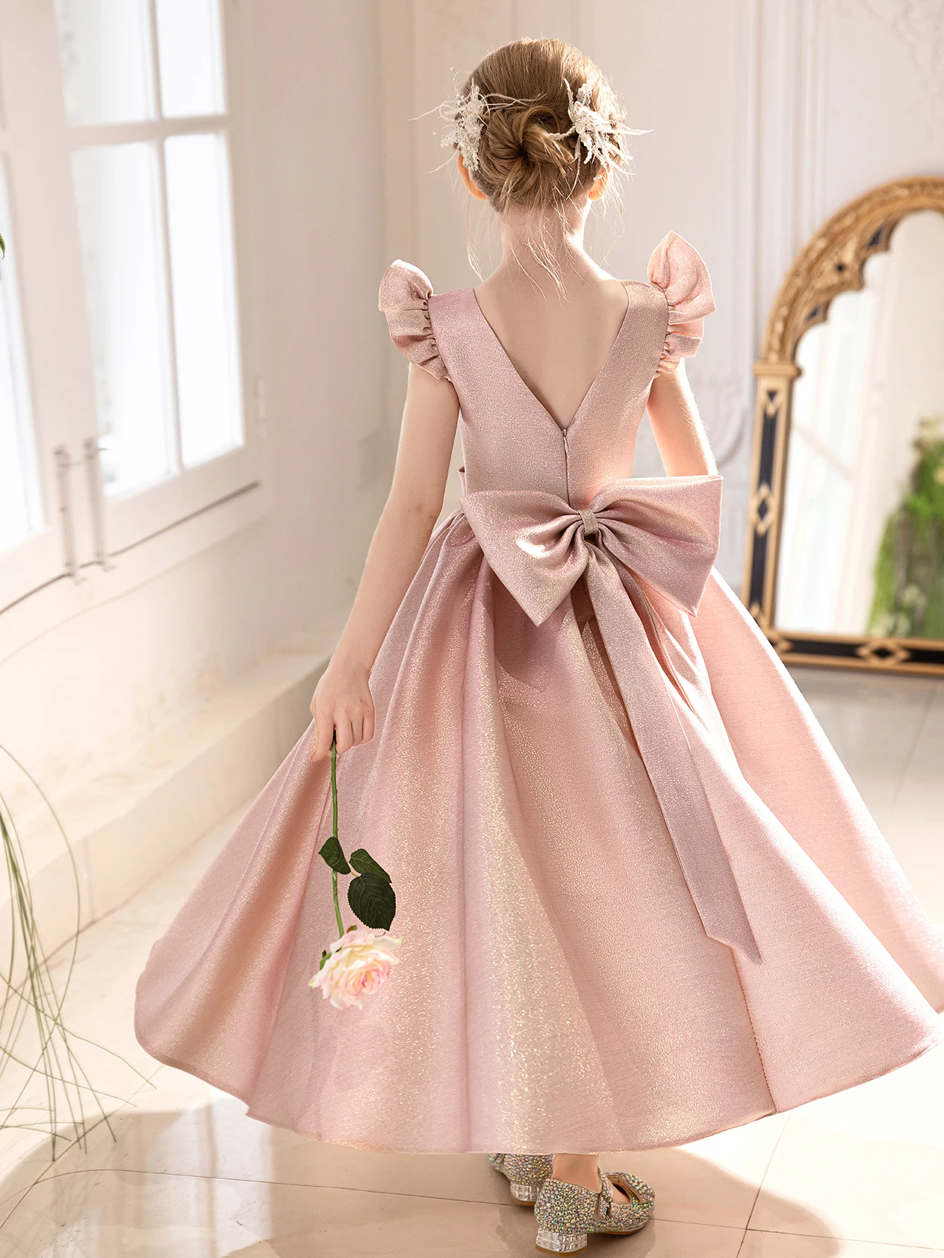 Back Big Bow Girl Long Skirt Children's High-End Pink Dress Wedding Birthday Party Dress