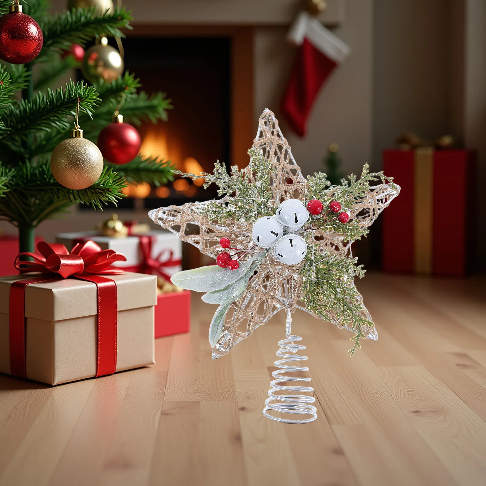 

Rustic Star Tree Topper Crafted with Iron and Jute Rope Five-Pointed Design for Vintage Christmas Tree Decor Festive Holiday