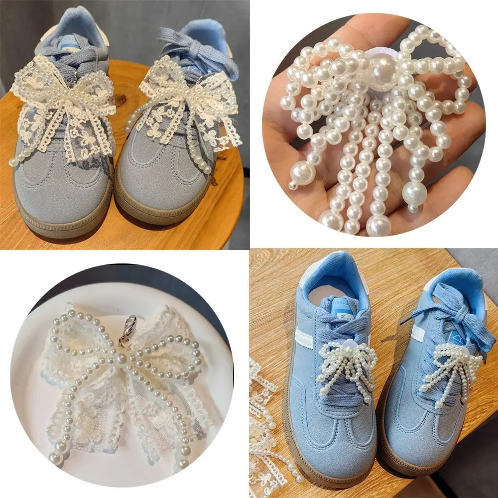 

1 Pair Bowknot Shoelaces Clips Buckle Mesh Lace Elegant Shoe Charms Pendant Pearl Shoes Decorations Accessory Bag Pendant