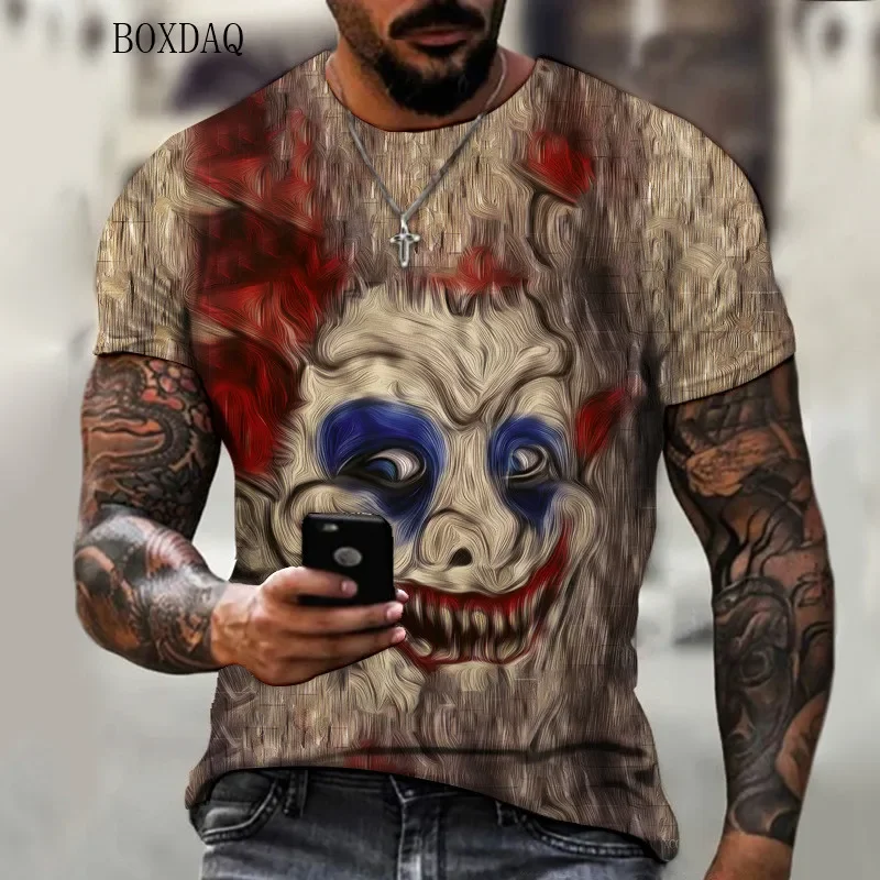 Men\'s 3D printed short sleeved T-shirt, oversized loose casual wear, horror style, clown print, 6XL, large size