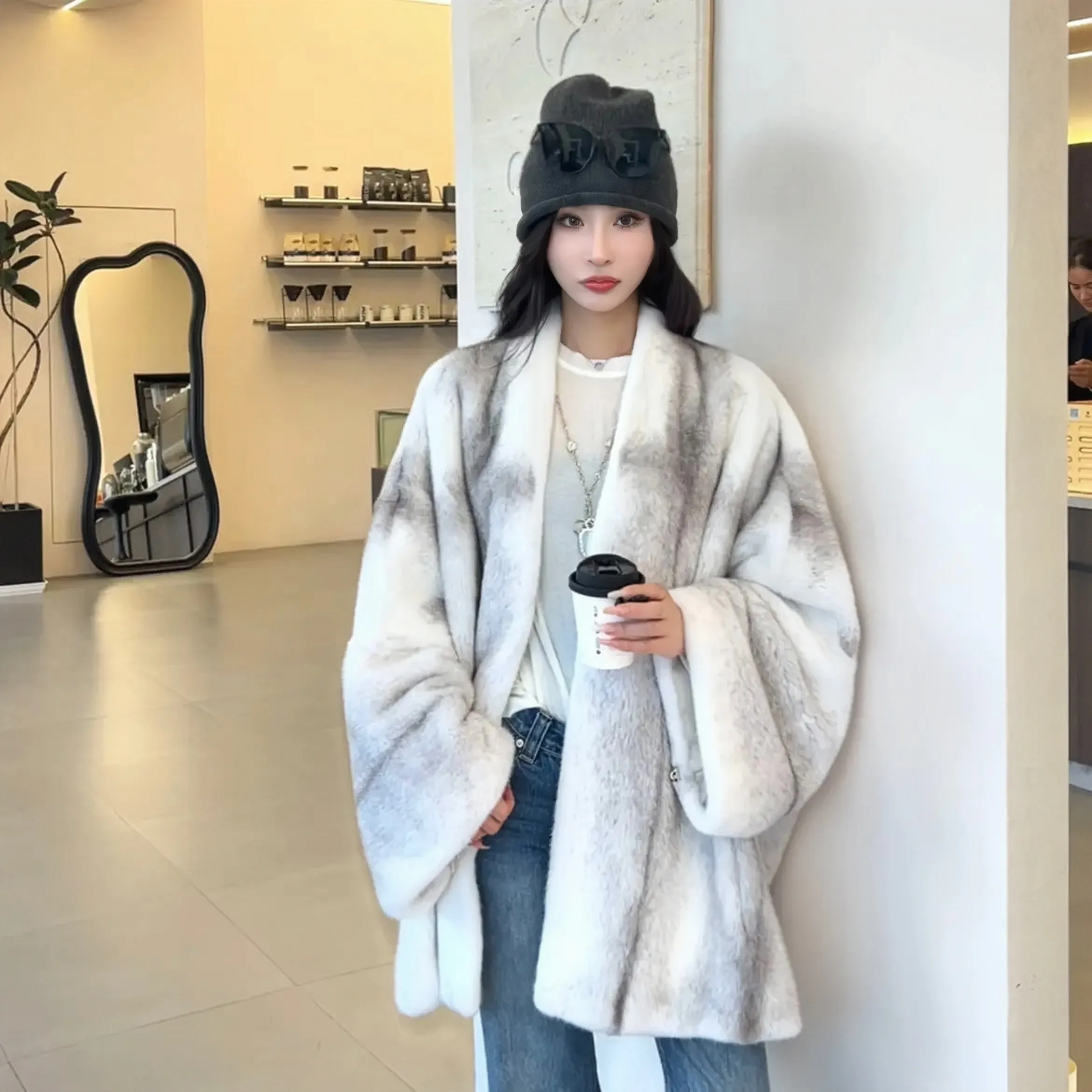 Lautaro Winter Luxury Elegant Thick Warm Soft Brown Bat Sleeved Faux Mink Fur Coat Women with V Neck Stylish Chic Fluffy Jacket