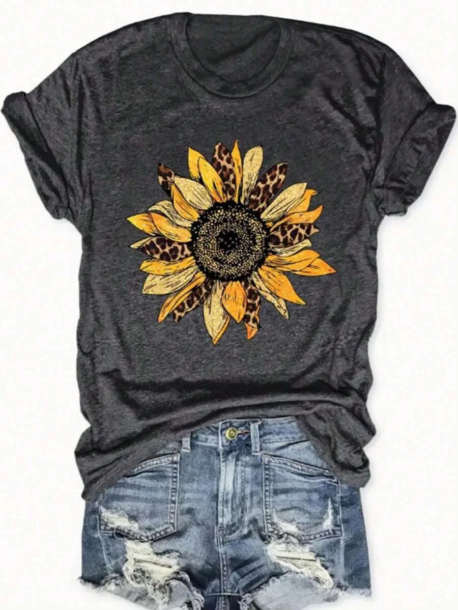 

Модная футболка больших размеров с рисунком подсолнуха, темно-серая, с короткими рукавами и леопардовым принтом, лепестки