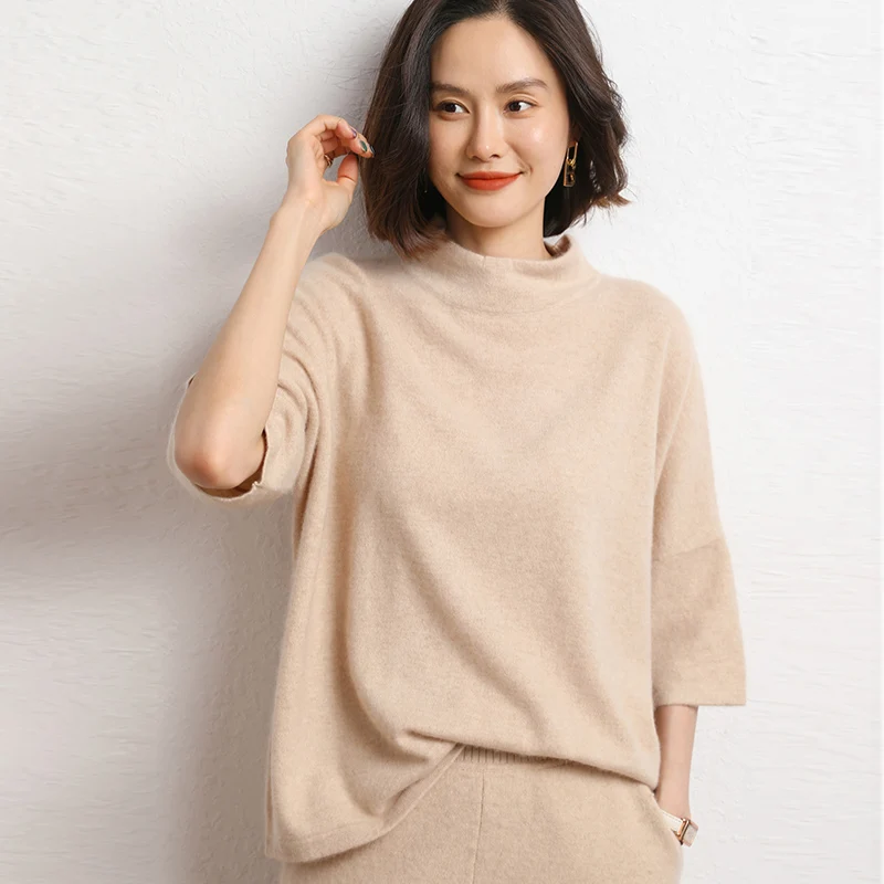 Half Height Seven Quarter Sleeve Goat Cashmere Sweater For Women\'s Warm Autumn Winter Solid Color Pullover Knitted Jumper Top