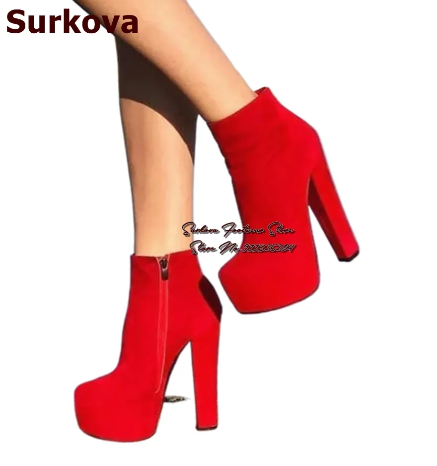 Surkova Hot Red Nude Black Suede Chunky Heel Ankle Boots Sky High Platform Zipped Short Booties Motorcyle Boots Dress Shoes