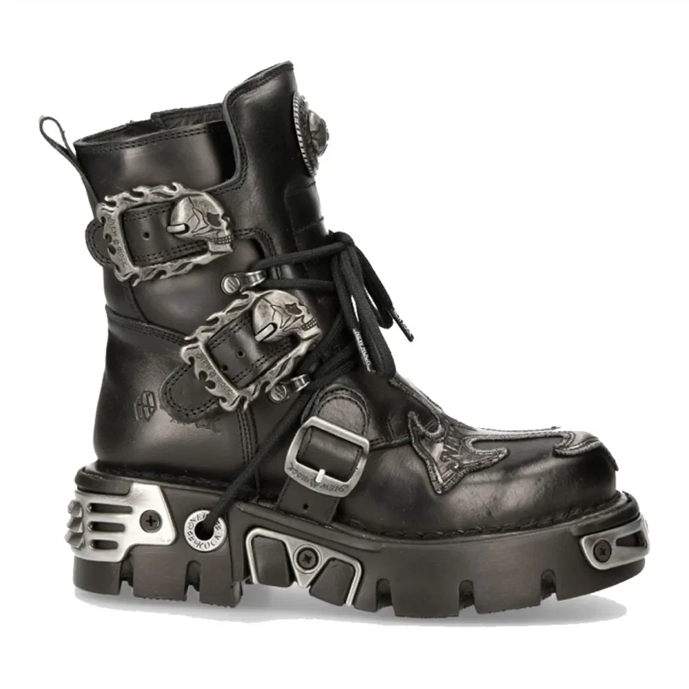 Men Fashion Genuine Leather Motorcycle Boots,Design New Unisex Mid-calf Silver Skull Devil Goth Punk Metallic Boots Plus Size
