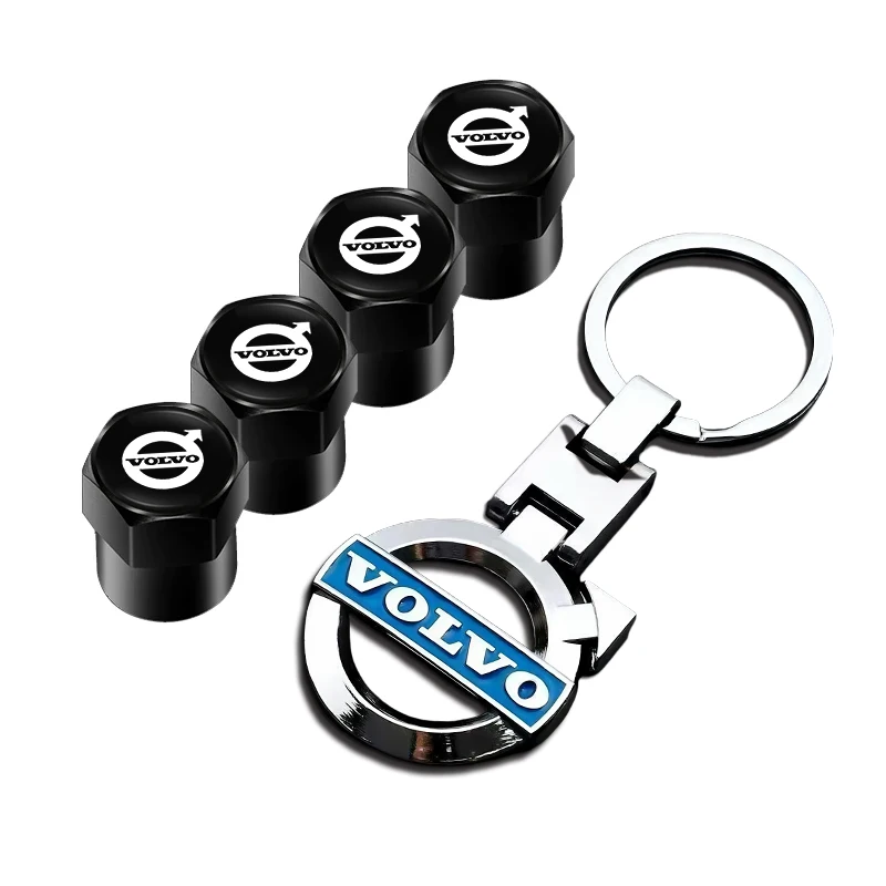 Car Tire Wheel Valve Cap Cover+Metal Car Key Chain Ring Keychain For Volvo V50 XC60 V40 XC90 S60 XC40 V60 V70 S90 Olestar AWD T6