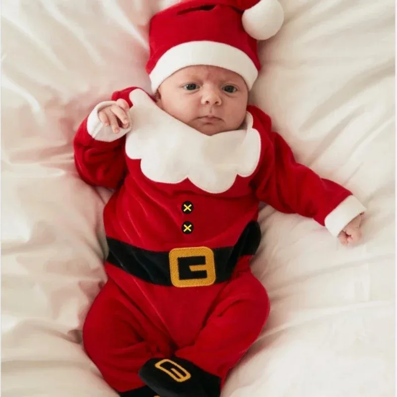 

AA★COS Christmas Costumes Baby Kids Clothes Girl Cosplay Green Elf Santa Claus Long Sleeve Cotton Boys Girls Romper+Ha New 2025