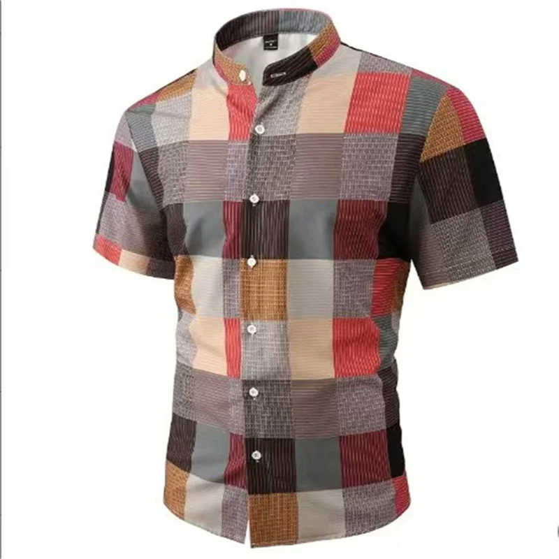 Men's Four-Way Stretch Stand Collar Summer Shirt Button-Up Checkered Short Sleeve Casual Everyday Clothing 5XL