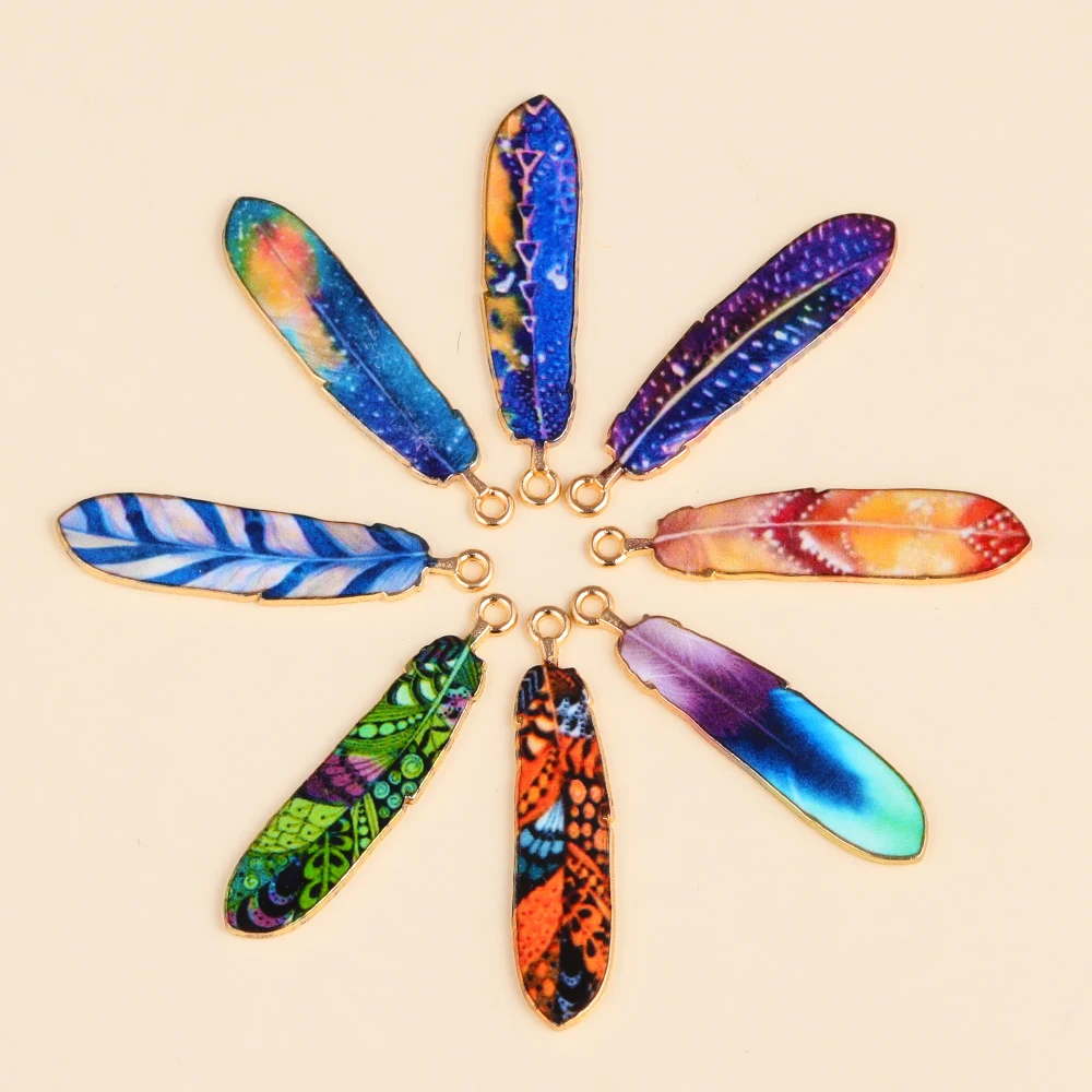 10Pcs Bohemian Ethnic Style Charms Colorful Enamel Feather Alloy Pendant For Women\'s DIY Earrings Jewelry Craft Alloy Accessorie