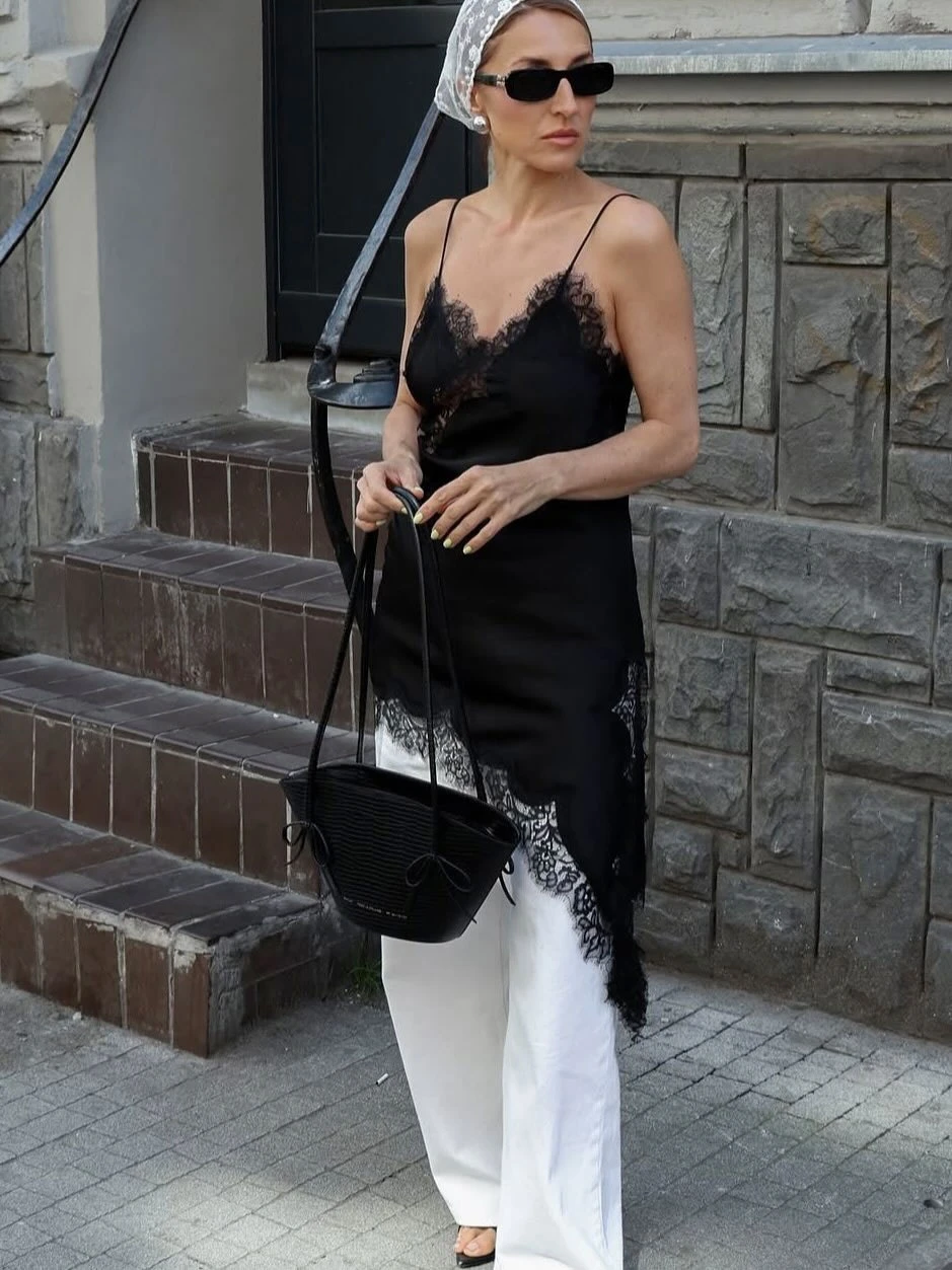 Satin Asymmetrische Patchwork Spitze Sexy Kleid Frauen Elegante Schlinge Backless Split Schwarz Kleid Weibliche Party Club Kleid Streetwear