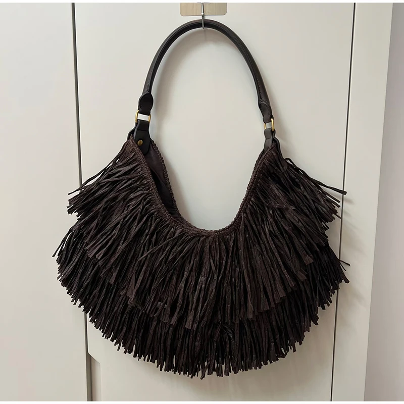 Vintage-Handtasche mit Quasten, Damen-Hobo-Fransen-Unterarm-Schultertasche, Designer-Retro-Freizeit- und Alltagstasche, Kaffeebraun – Detail 3