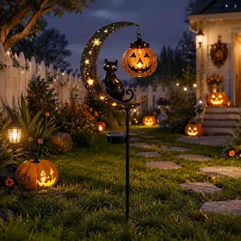 Halloween black cat and pumpkin garden stake, crescent moon black cat and hanging pumpkin (no lights, non-illuminating)