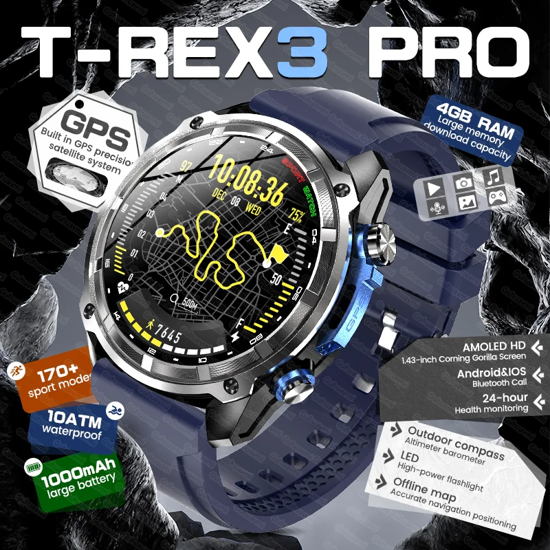 New T-REX3 PRO Men Military GPS Smart Watch Outdoor 1000mAh Battery 10ATM Waterproof 4GB RAM Bluetooth Call AMOLED HD Smartwatch