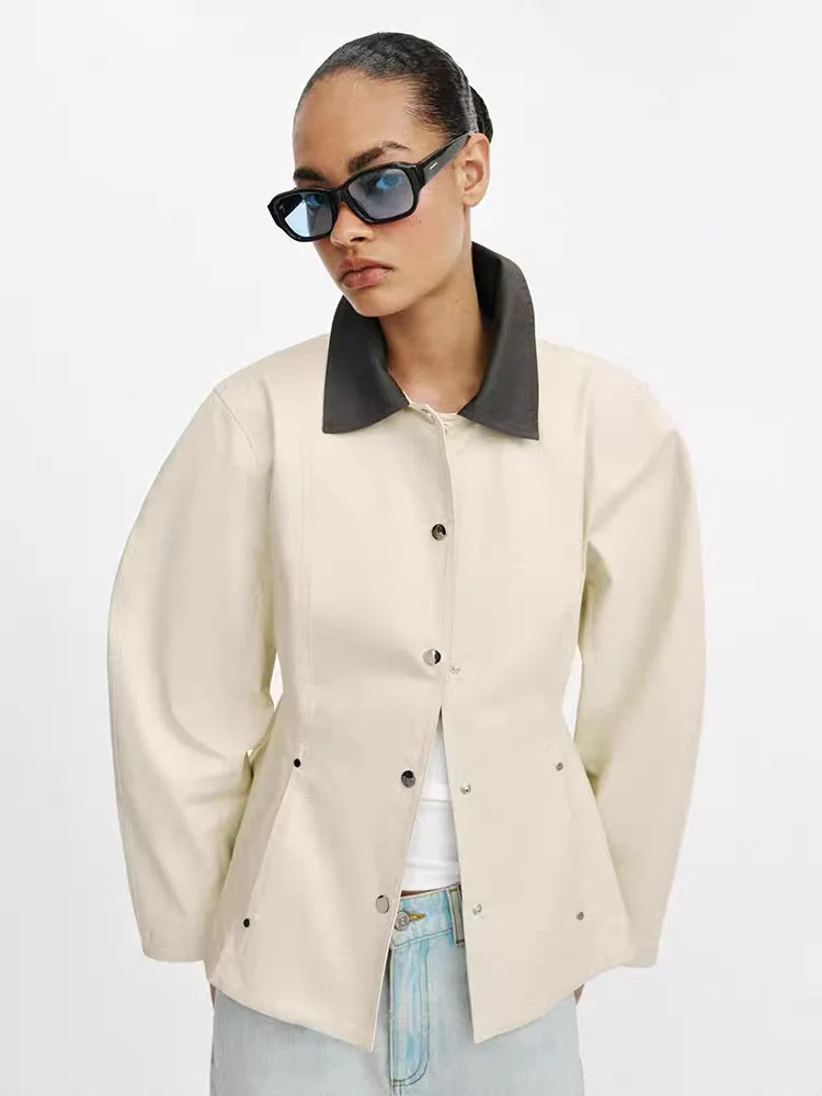 New 2026 Women's Casual Style Loose Fit Jacket Outerwear with A-Line Hem Collar Color Block Versatile Polyester Fiber Button ...