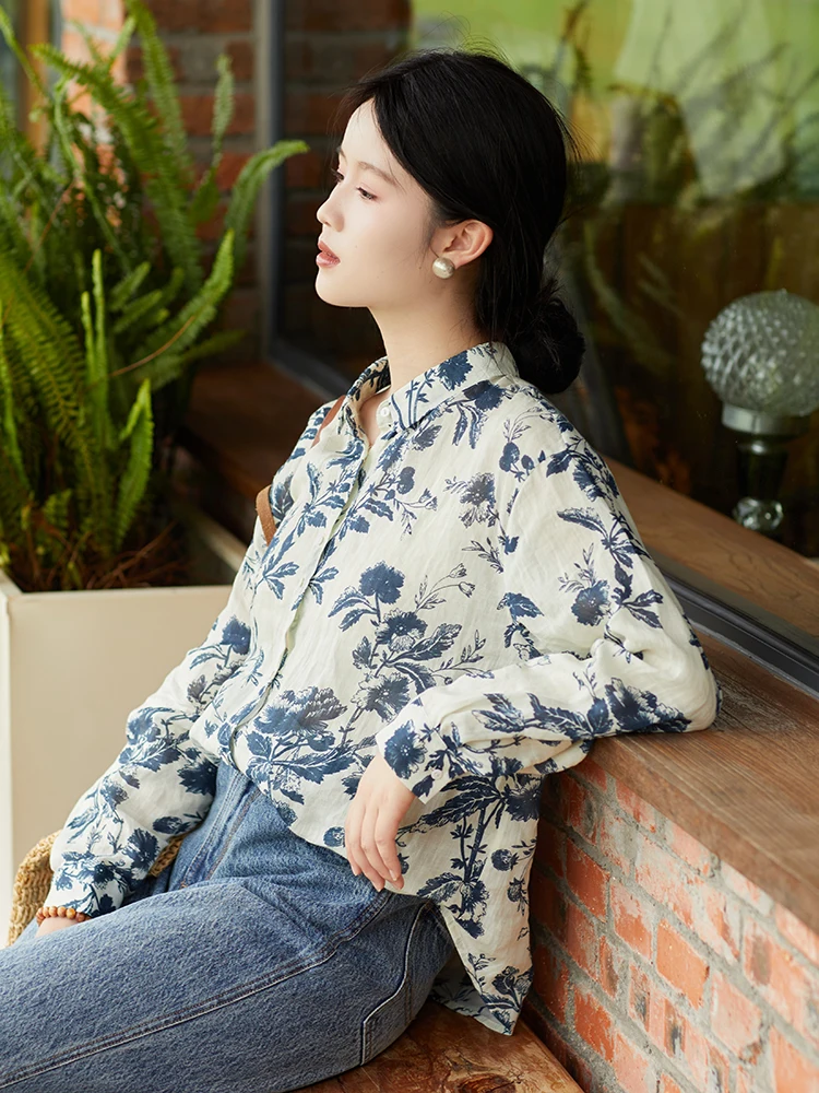 

Blue Print Cotton Linen irt Women's Loose Fit Long Sve Ne Top Early Autumn Faionable Anti-Aging Breathable